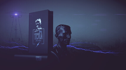 Buch [Cover fiktiv] Nikola Tesla - Erfindungen & Büste, mit elektrischen Blitzen bei Nacht, Vintage Style | 3D Render Illustration