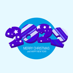 Cool 3D lettering with stars and bright stripes texture 2022 merry christmas and happy new year. Text for banner, flyer or brochure