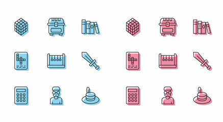 Set line Calculator, Nerd geek, Rubik cube, Man hat, Pendulum, Sword for game, Crossword and Antique treasure chest icon. Vector
