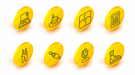 Set line Slippers with socks, Earth globe, Audio jack, Pants suspenders, Calculator, Piece of puzzle, Man hat and Laptop icon. Vector