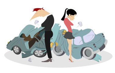 Road accident, man, woman and broken cars illustration. 
Man and woman in low spirit standing back to back near the broken cars
