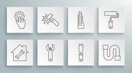 Set line House repair, Hammer, Adjustable wrench, Rasp metal file, Industry pipe, Stationery knife, Paint roller brush and Settings the hand icon. Vector