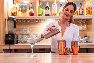 Attractive female bartender preparing a cocktail in a pub