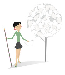 Young woman, pencil and document tree concept illustration.
Smiling woman with a big pencil stands near a tree of documents isolated on white background
