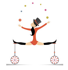 Equilibrist woman on the unicycle juggles balls illustration Sexy young woman in the top hat balances on two unicycles and juggles the balls isolated on white  © bigmen