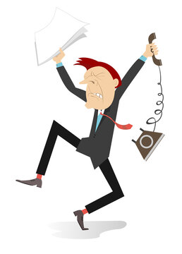 Angry and upset businessman illustration
Busy businessman holding papers in one hand and telephone receiver in another on white background
