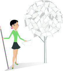Young woman, pencil and document tree concept illustration.
Smiling woman with a big pencil stands near a tree of documents isolated on white background
