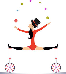 Equilibrist woman on the unicycle juggles balls illustration. Sexy young woman in the top hat balances on two unicycles and juggles the balls isolated on white  © bigmen