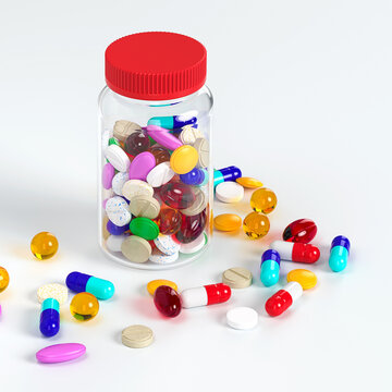 Jar with multi-colored tablets of vitamins. Variety of vitamins. Production of drugs. Medical theme. 3d rendering. 