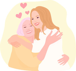 Mother and adult daughter hug. The concept of maternal love. Mother's Day vector illustration