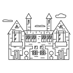 Two-storey cottage for two owners with a separate entrance. Classic design. Vector complex icon with detail, offline, isolated.