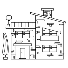 A two-storey residential building with an open large balcony and a sloping roof. Vector complex icon with detail, offline, isolated.