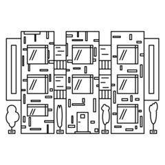 A three-storey residential building with one entrance and three segments.  Modern architecture.Vector complex icon with detail, offline, isolated.