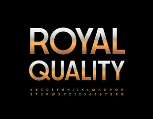 Vector business emblem Royal Quality. Elegant metallic Font. Golden Alphabet Letters and Numbers set