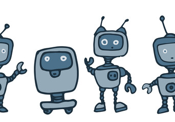 Obraz na płótnie Canvas Vector seamless border of gray robots. a horizontal strip of hand-drawn cartoon robots in the style of doodles, with hands and on wheels with antennas, androids of gray-blue color in flat style on a w