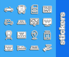 Set line Hand with taxi, Tram railway, Location, Taxi driver license, car roof, Car, and Gps device map icon. Vector