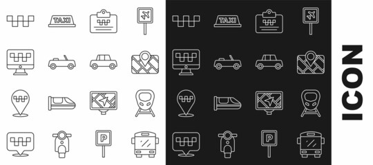 Set line Bus, High-speed train, Gps device with map, Taxi driver license, Car, Computer call taxi service, car roof and icon. Vector