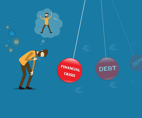 Flat design of business finance,The businessman survives from virus pandemic but faces many crisis - vector