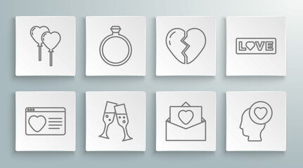 Set line Dating app online, Diamond engagement ring, Glass of champagne, Envelope with Valentine heart, Head, Broken, Love text and Balloons form icon. Vector