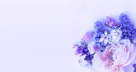 Obraz premium Pink peonies on a white background are a delicate festive bouquet. Background for a greeting card.