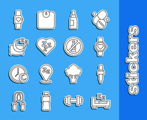 Set line Time to sleep, Pipette with oil, Smart watch, Essential bottle, Sleepy, and No alcohol icon. Vector