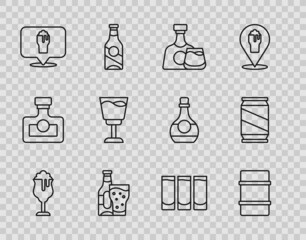 Set line Glass of beer, Metal keg, Whiskey bottle and glass, Beer, Alcohol or bar location, Wine, Shot and can icon. Vector