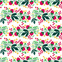 Seamless floral pattern in folk painting style, flowers, leaves and berries on light background