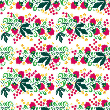 Seamless floral pattern in folk painting style, flowers, leaves and berries on light background