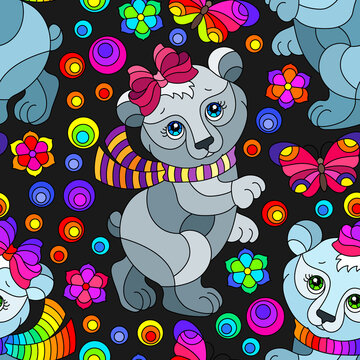 Seamless pattern with cute polar bears, butterflies and flowers, animals on a dark world