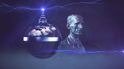 Illustration: Nikola Tesla Portrait - Composing mit Teslatower auf Weltkugel/Globus, elektrischen Blitzen bei Nacht | Wallpaper | 3D Render Illustration