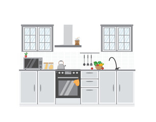 Fashionable cozy kitchen interior. Flat design