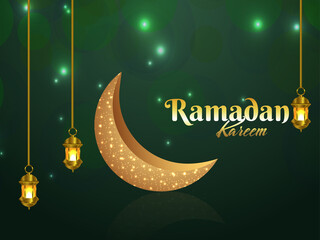 Obraz na płótnie Canvas Ramadan kareem invitation background with golden moon and lantern