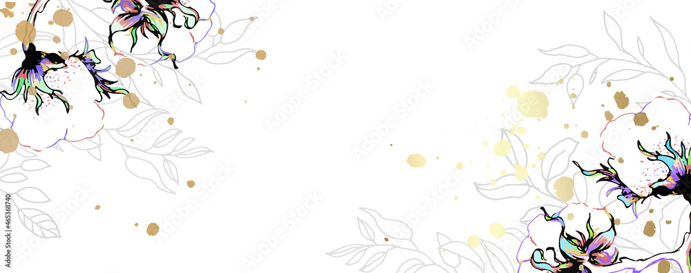 Wall mural Luxurious golden wallpaper. Banner with cotton flowers. Watercolor stains on a white background. Shiny flowers and twigs. Vector file. - Wall murals