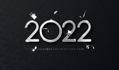 Fototapeta na wymiar Silver 2022 Happy New Year with falling confetti on dark background. Holyday template for design card, banner