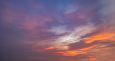 Sunset sky. Abstract nature background. Dramatic blue with orange colorful clouds in twilight time.