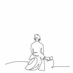 a line drawing of a depressed woman with confused thoughts in her head. A young lady is sitting on a bench. Minimalist style. The concept of the psychology of loneliness. Print on T-shirts, notebooks