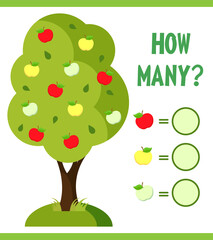 Educational game for children of preschool age. Vector illustration. Count how many apples are on a tree