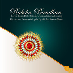 Indian festival happy raksha bandhan celebration greeting card with crystal golden rakhi on creative background