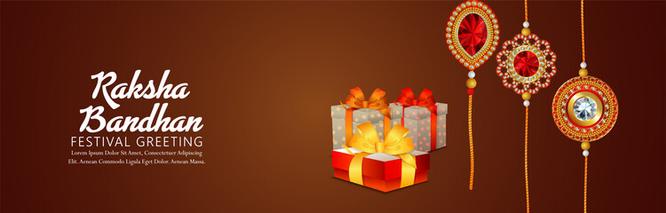 Happy raksha bandhan celebration banner with crystal rakhi and gifts