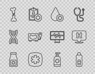 Set line Medicine bottle and pills, Digital thermometer, Donate drop blood, Emergency - Star of Life, Human broken bone, Ultrasound, Antibacterial soap and Location hospital icon. Vector