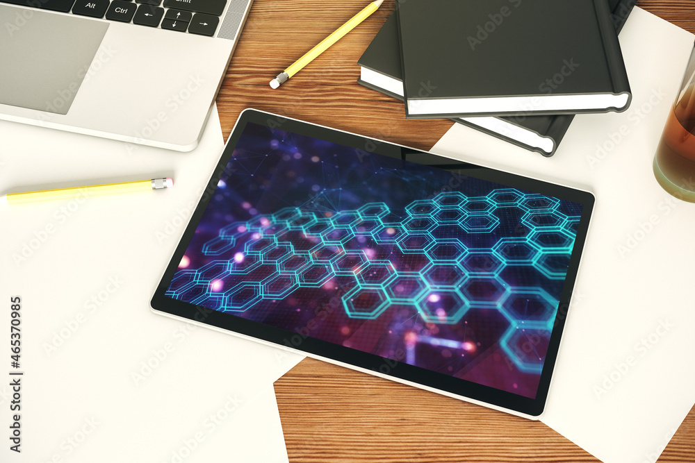 Fototapete top view of modern digital tablet monitor with technology hologram with hexagon. research and develo