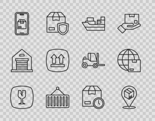 Set line Fragile broken glass, Location with cardboard box, Cargo ship boxes delivery, Container crane, Mobile app tracking, This side up, Cardboard clock and Worldwide shipping icon. Vector