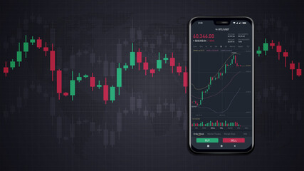 Bitcoin on the smartphone screen against the background of trading. Template for your design. Vector illustration.