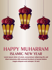 Islamic festival happy muharram celebration party flyer with golden lantern