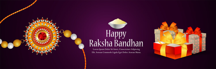 Indian festival happy rakhi celebration banner with creative gifts and golden rakhi