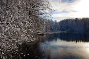 a snow-covered forest with the first snow, a reflection in the lake against the background of a blue sky with clouds