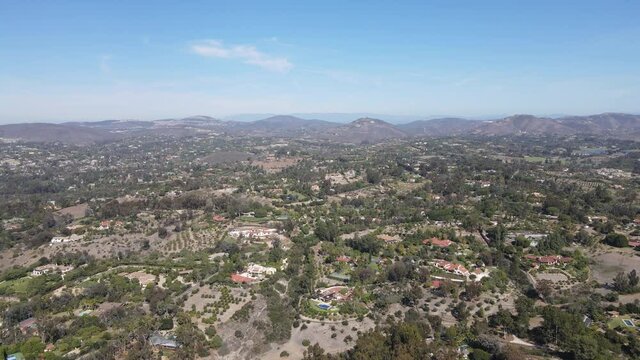 Aerial view of Rancho Santa Fe wealthy neighborhood in San Diego County, California, United States, within the San Diego metropolitan area.