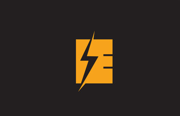 E yellow black alphabet letter logo icon. Electric lightning design for power or energy business