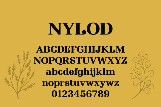 Vintage decorative font with label design and background pattern.