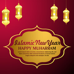 Happy muharram celebration greeting card with golden lantern on red background